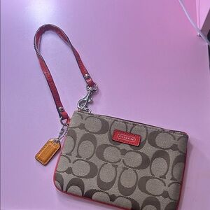 Coach Brown Signature Canvas Wristlet with Red Trim